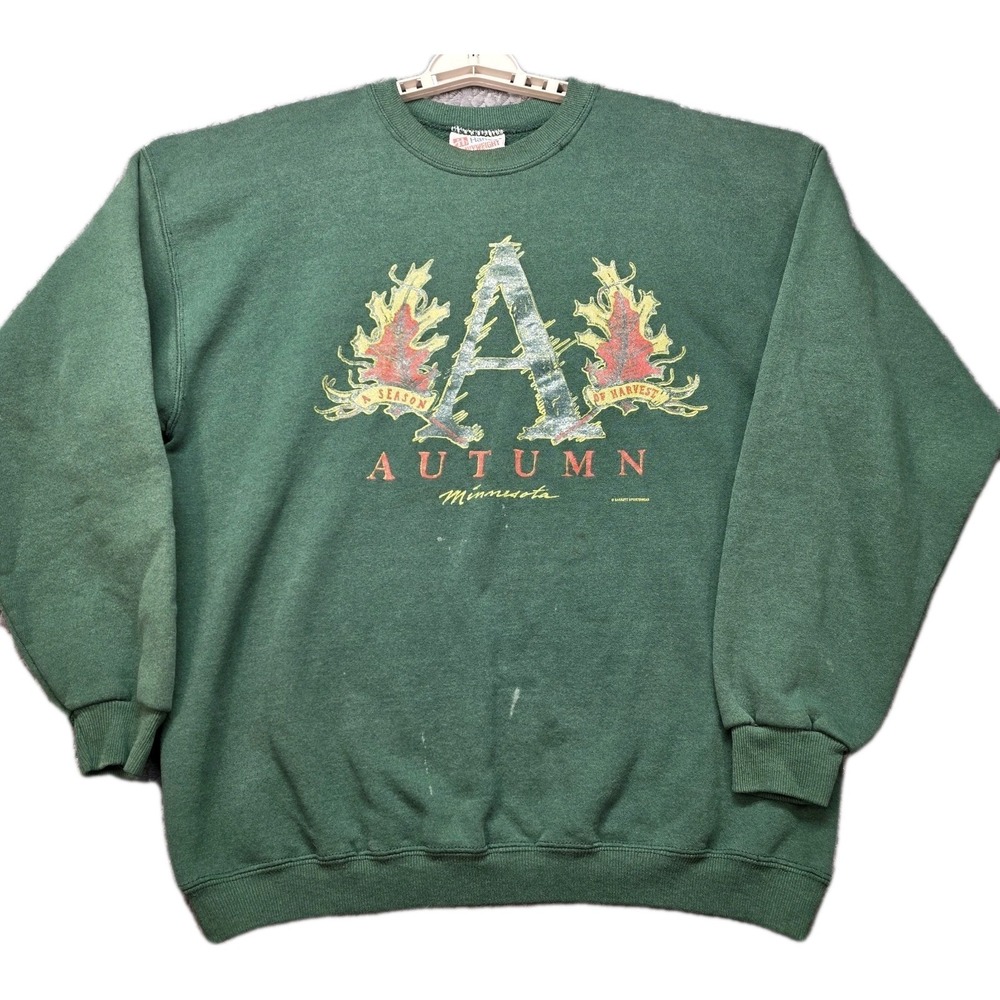 Vintage Autumn Minnesota Hanes Sweatshirt Men's Large Green USA Made Fall Leaves